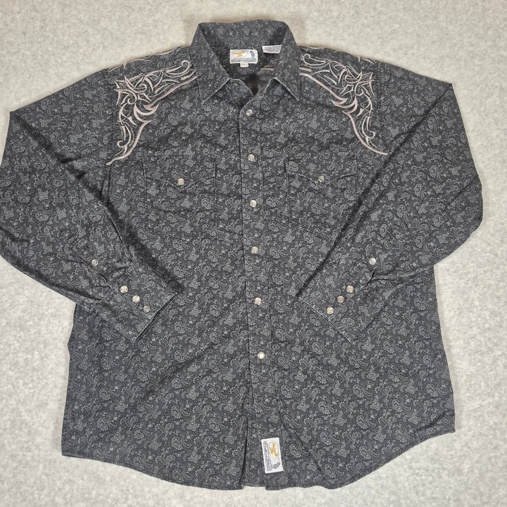 Vintage Panhandle Slim Pearl Snap Shirt Mens Large Black Paisley Embroidered